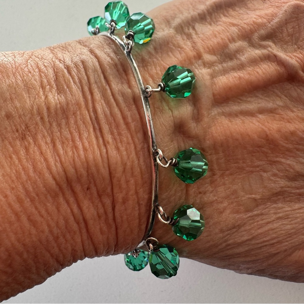925 Sterling Silver Swarovski Green Beaded Dangle Bangle Bracelet NEW